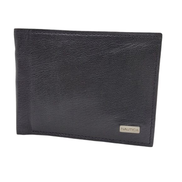 Nautica Black Leather Folding Wallet Logo Metal Tag Front 4" x 3.5" High Closed - Picture 1 of 5